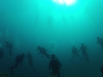 気温35度、水温29度ですが透明度15mオーバーの抜群のコンディションです